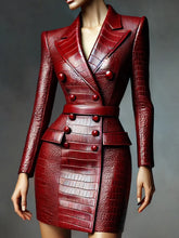Load image into Gallery viewer, PU Leather Dresses for Women Lapel Collar Double Breasted Alligator Pattern Belt Mini Dress Long Sleeve Elegant Dress