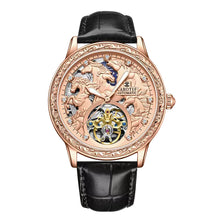 Load image into Gallery viewer, Men's Mechanical Watch with Glowing Dial & Rose Golden/Black Faux Leather Strap - Automatic Winding, Engraved Bezel, Luminous Hands, Vintage Luxury Watch for Men, Durable & Precise Timepiece, Ideal Gift