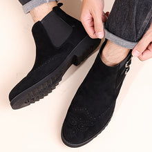 Load image into Gallery viewer, Men's High-Top Chelsea Boots with Brogue Detailing - Fashionable & Business-Oriented, Solid Color Elastic Band Slip-On Shoes with Double Buckle, Round Toe PU-Lined Fabric Upper with Rubber Sole.