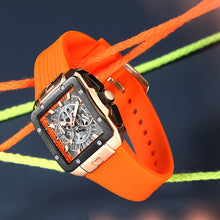 Load image into Gallery viewer, Men's Sports Watch - Hands, Large Square Black & Orange Dial, Date/Stopwatch Functionality, Quartz Movement, Rubber Strap