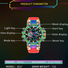 Load image into Gallery viewer, Men's Mechanical Sports Watch - Dual Display Dial with Stopwatch, Alarm, Date/Calendar, Auto Winding Movement - Green to Red Gradient Dial, Golden-Tone Case & Silicone-like Strap - for Gym, Outdoor, Everyday - Ideal Gift for