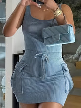 Load image into Gallery viewer, Women's Sexy Ribbed Knit Sleeveless Dress with Multi-Pockets and Tie Waist