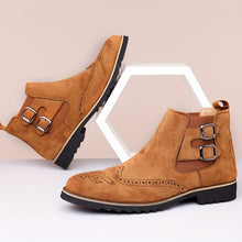 Load image into Gallery viewer, Men's High-Top Chelsea Boots with Brogue Detailing - Fashionable & Business-Oriented, Solid Color Elastic Band Slip-On Shoes with Double Buckle, Round Toe PU-Lined Fabric Upper with Rubber Sole.