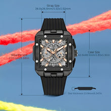 Load image into Gallery viewer, Men's Sports Watch - Hands, Large Square Black & Orange Dial, Date/Stopwatch Functionality, Quartz Movement, Rubber Strap