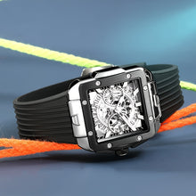 Load image into Gallery viewer, Men's Sports Watch - Hands, Large Square Black & Orange Dial, Date/Stopwatch Functionality, Quartz Movement, Rubber Strap