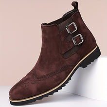 Load image into Gallery viewer, Men's High-Top Chelsea Boots with Brogue Detailing - Fashionable & Business-Oriented, Solid Color Elastic Band Slip-On Shoes with Double Buckle, Round Toe PU-Lined Fabric Upper with Rubber Sole.