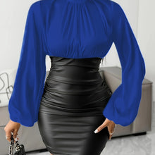 Load image into Gallery viewer, Elegant Women'S Patchwork Mini Dress with Pleated Detail, Long Sleeve, Stand Collar, and Side Zipper - Chic Two-Tone Business Casual Attire, All-Season Wear