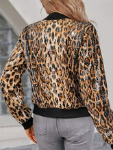 Load image into Gallery viewer, Chic Leopard Print Sequin Bomber Jacket for Women - Elegant Zip-Up with Ribbed Cuffs, Stand Collar, Machine Washable.