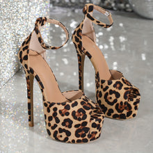 Load image into Gallery viewer, Women's Leopard Print Peep Toe Ankle Strap Stilettos, High Heel Platform Pumps, Glamorous Party Nightclub Shoes
