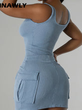 Load image into Gallery viewer, Women's Sexy Ribbed Knit Sleeveless Dress with Multi-Pockets and Tie Waist