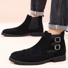 Load image into Gallery viewer, Men's High-Top Chelsea Boots with Brogue Detailing - Fashionable & Business-Oriented, Solid Color Elastic Band Slip-On Shoes with Double Buckle, Round Toe PU-Lined Fabric Upper with Rubber Sole.