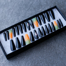 Load image into Gallery viewer, Luxury Black Coffin Spider with Crystal Handmade Painting False Nails Orange Glitter Ombre Press On Nails Gothic