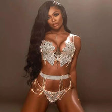 Load image into Gallery viewer, Foxy Fashions Diamond Girlz Collection Silver Diamond Bikini 2-Piece Set Model Catwalk Club Bar Party Show Costume DJ Singer Dancer Bra Shorts Pole Dancing Stage Wear