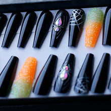 Load image into Gallery viewer, Luxury Black Coffin Spider with Crystal Handmade Painting False Nails Orange Glitter Ombre Press On Nails Gothic