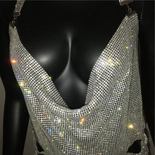 Load image into Gallery viewer, Foxy Fashions Diamond Girlz Collection Gold Silver Rhinestone Tassel Chain Dress Women Sexy Hip High Split Luxury Party Halter Beach Nightclub Dress