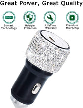 Load image into Gallery viewer, Foxy Fashions Diamond Girlz Collection Dual USB Car Charger Bling Bling Handmade Rhinestones Crystal Car Decorations for Fast Charging Car Decors for iPhone/Samsung