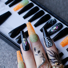 Load image into Gallery viewer, Luxury Black Coffin Spider with Crystal Handmade Painting False Nails Orange Glitter Ombre Press On Nails Gothic