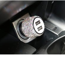 Load image into Gallery viewer, Foxy Fashions Diamond Girlz Collection Dual USB Car Charger Bling Bling Handmade Rhinestones Crystal Car Decorations for Fast Charging Car Decors for iPhone/Samsung