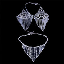 Load image into Gallery viewer, Foxy Fashions Diamond Girlz Collection Tassel Rhinestone Body Chain Bra and Thong for Women Bling Sexy Bikini Set Crystal Cover Up Harness Jewelry Nightclub