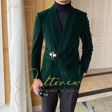 Load image into Gallery viewer, Green Mens Velvet Suits Double Breasted Tailor-Made Tuxedo 2 Pieces Blazer Pant Wedding Party Groom