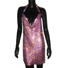 Load image into Gallery viewer, Foxy Fashions Diamond Girlz Collection Gold Silver Rhinestone Tassel Chain Dress Women Sexy Hip High Split Luxury Party Halter Beach Nightclub Dress