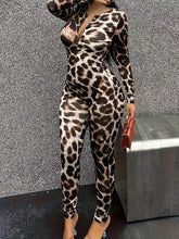 Load image into Gallery viewer, Chic Leopard Print Stretch Jumpsuit for Women - Casual Long Sleeve, V-Neck, Machine Washable
