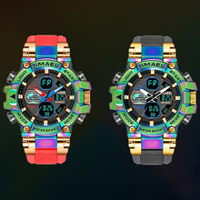 Load image into Gallery viewer, Men&#39;s Mechanical Sports Watch - Dual Display Dial with Stopwatch, Alarm, Date/Calendar, Auto Winding Movement - Green to Red Gradient Dial, Golden-Tone Case &amp; Silicone-like Strap - for Gym, Outdoor, Everyday - Ideal Gift for
