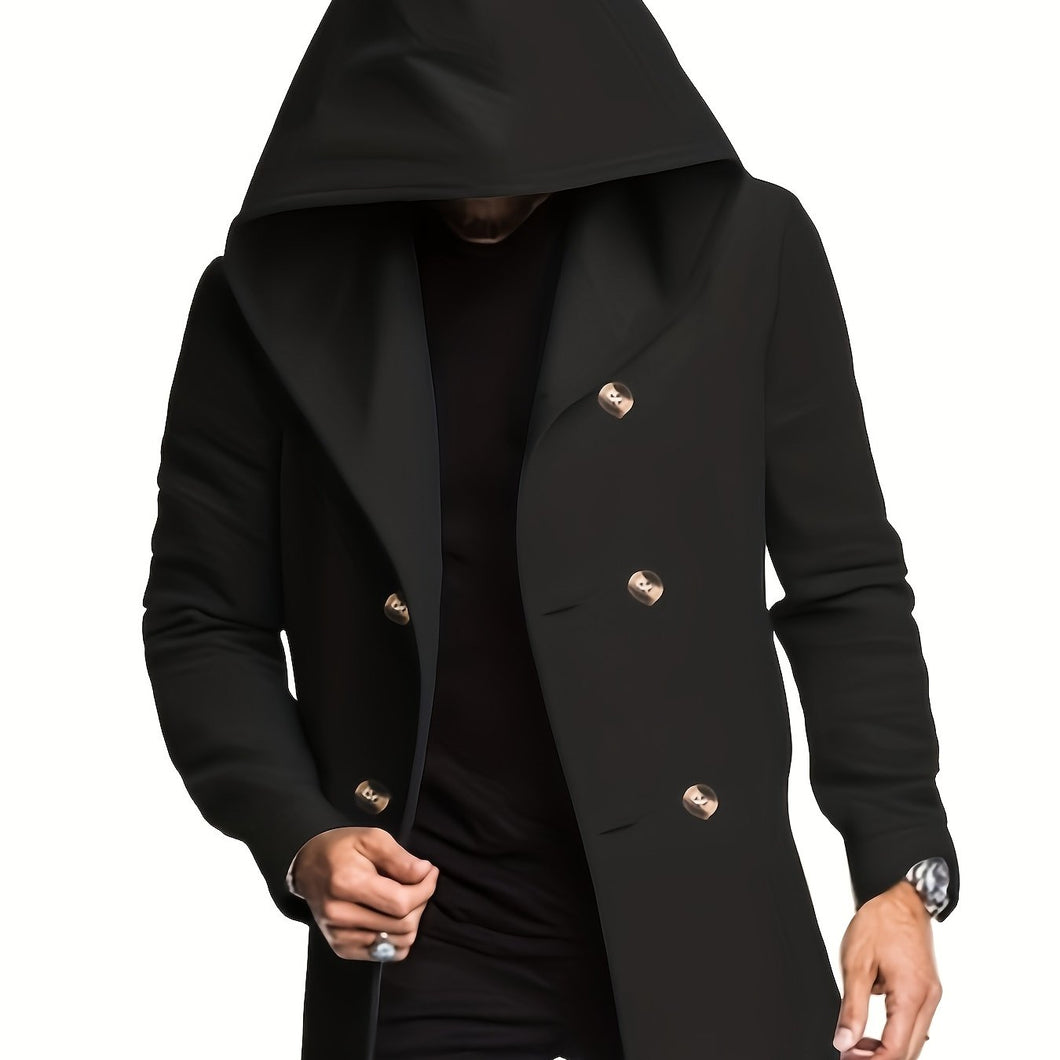 Men's Slim-Fit Mid-Length Windbreaker Coat with Hood - Heavy-Duty Shell, Full-Zip Closure & Button-Front Closure.