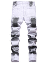 Load image into Gallery viewer, White and Black Printed Men&#39;s Stretch Slim Cat Whiskers Jeans Casual Trousers
