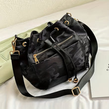 Load image into Gallery viewer, Nylon Messenger Bag, Black Camouflage Pattern, Drawstring Closure, Polyester Lined, Painted Edges, Casual Travel Shoulder Bag
