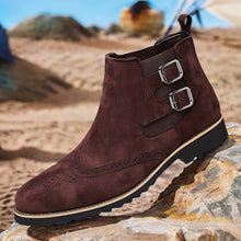 Load image into Gallery viewer, Men&#39;s High-Top Chelsea Boots with Brogue Detailing - Fashionable &amp; Business-Oriented, Solid Color Elastic Band Slip-On Shoes with Double Buckle, Round Toe PU-Lined Fabric Upper with Rubber Sole.
