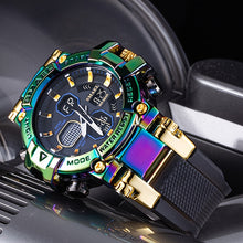 Load image into Gallery viewer, Men&#39;s Mechanical Sports Watch - Dual Display Dial with Stopwatch, Alarm, Date/Calendar, Auto Winding Movement - Green to Red Gradient Dial, Golden-Tone Case &amp; Silicone-like Strap - for Gym, Outdoor, Everyday - Ideal Gift for
