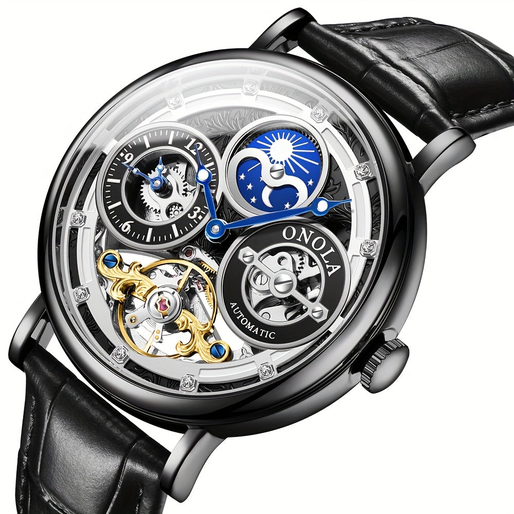 Men's Automatic Mechanical Watch, Moon Phase Dual Time Zone Display, Hollowed Out Tourbillon Business Watch, Suitable for Daily And Business Activities, Perfect Gift Choice for Fathers, Family, And Elders, Without Battery