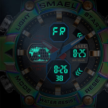 Load image into Gallery viewer, Men&#39;s Mechanical Sports Watch - Dual Display Dial with Stopwatch, Alarm, Date/Calendar, Auto Winding Movement - Green to Red Gradient Dial, Golden-Tone Case &amp; Silicone-like Strap - for Gym, Outdoor, Everyday - Ideal Gift for
