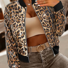 Load image into Gallery viewer, Chic Leopard Print Sequin Bomber Jacket for Women - Elegant Zip-Up with Ribbed Cuffs, Stand Collar, Machine Washable.
