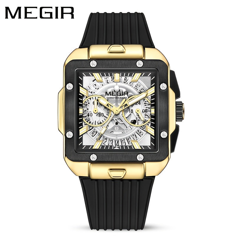 Men's Sports Watch - Hands, Large Square Black & Orange Dial, Date/Stopwatch Functionality, Quartz Movement, Rubber Strap