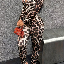 Load image into Gallery viewer, Chic Leopard Print Stretch Jumpsuit for Women - Casual Long Sleeve, V-Neck, Machine Washable
