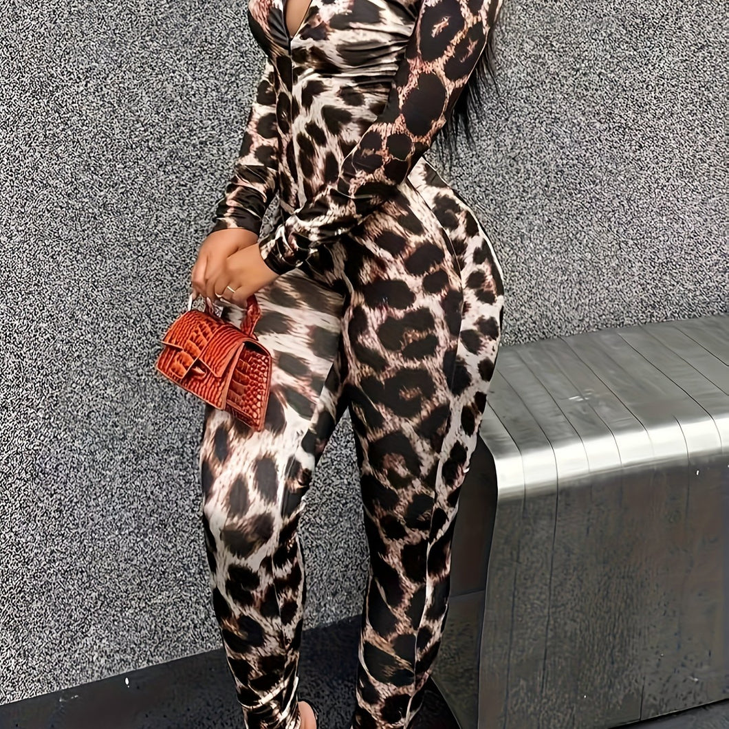 Chic Leopard Print Stretch Jumpsuit for Women - Casual Long Sleeve, V-Neck, Machine Washable