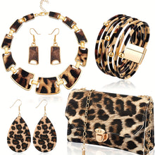 Load image into Gallery viewer, Boho Leopard Print Jewelry Set for Women - 4pcs Set with Bib Chain Necklace, Earrings, and Multi-Layer PU Leather Wrap Bracelet - Plastic Fashion Accessories
