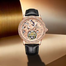 Load image into Gallery viewer, Men&#39;s  Mechanical Watch with Glowing Dial &amp; Rose Golden/Black Faux Leather Strap - Automatic Winding, Engraved Bezel, Luminous Hands, Vintage Luxury Watch for Men, Durable &amp; Precise Timepiece, Ideal Gift

