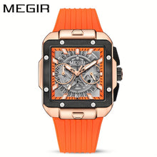 Load image into Gallery viewer, Men&#39;s Sports Watch - Hands, Large Square Black &amp; Orange Dial, Date/Stopwatch Functionality, Quartz Movement, Rubber Strap
