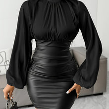 Load image into Gallery viewer, Elegant Women&#39;S Patchwork Mini Dress with Pleated Detail, Long Sleeve, Stand Collar, and Side Zipper - Chic Two-Tone Business Casual Attire, All-Season Wear
