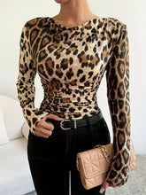 Load image into Gallery viewer, Elegant Leopard Print Asymmetrical Shoulder T-Shirt for Women - Long Sleeve, Stretchy Polyester Blend, Machine Washable
