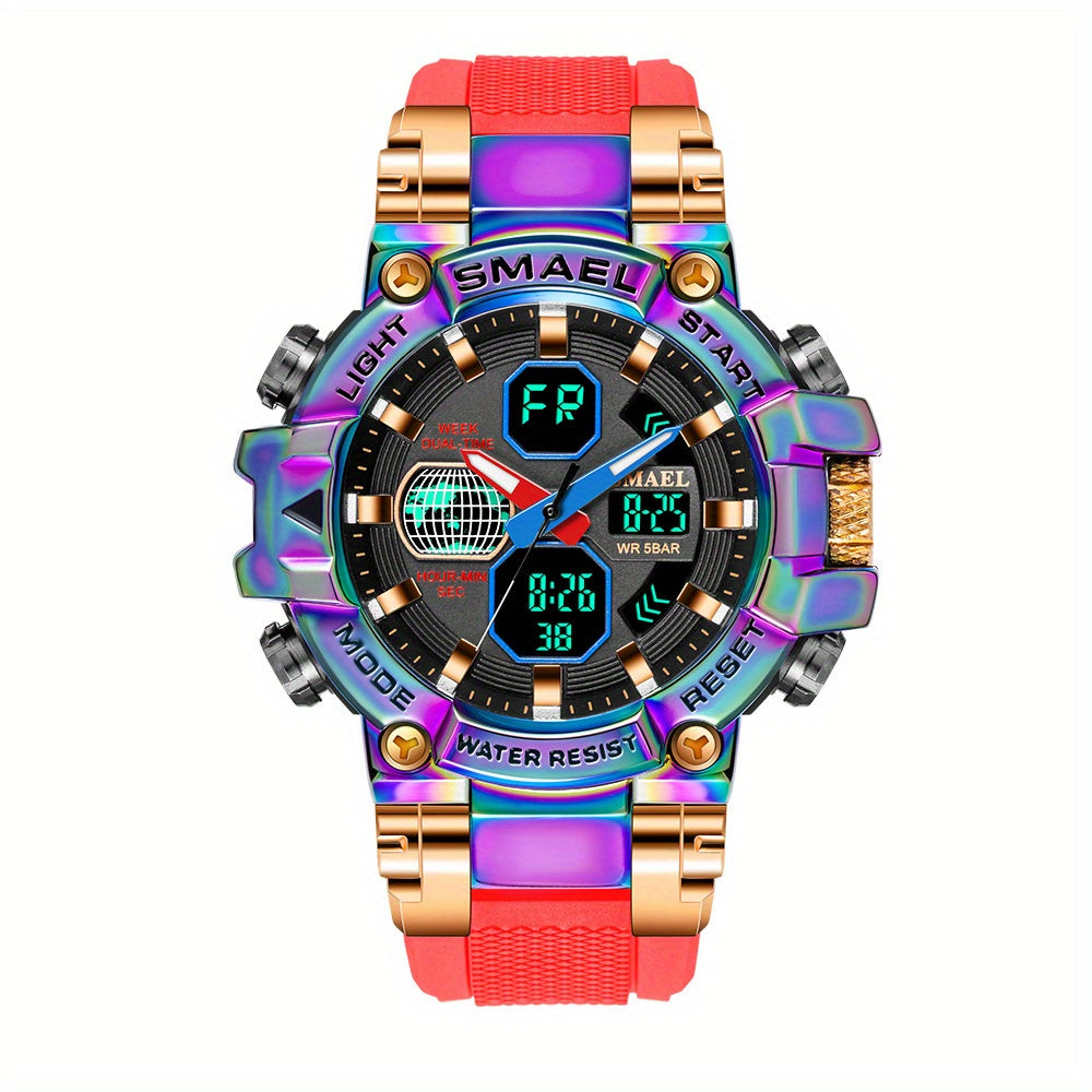 Men's Mechanical Sports Watch - Dual Display Dial with Stopwatch, Alarm, Date/Calendar, Auto Winding Movement - Green to Red Gradient Dial, Golden-Tone Case & Silicone-like Strap - for Gym, Outdoor, Everyday - Ideal Gift for