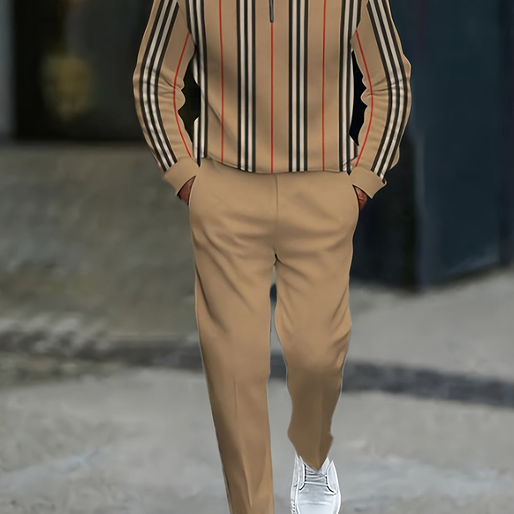 Striped Splicing Men's Casual Suit, The Top Is Eye-catching with Contrasting Stripes, with Simple Trousers Of The Same Color, And The Half-zip Stand-up Collar Design Is Neat And Stylish, Suitable for Daily Outings, Leisure An