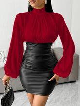 Load image into Gallery viewer, Elegant Women&#39;S Patchwork Mini Dress with Pleated Detail, Long Sleeve, Stand Collar, and Side Zipper - Chic Two-Tone Business Casual Attire, All-Season Wear
