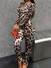 Load image into Gallery viewer, Chic Leopard Print Stretch Jumpsuit for Women - Casual Long Sleeve, V-Neck, Machine Washable
