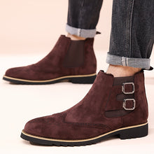 Load image into Gallery viewer, Men&#39;s High-Top Chelsea Boots with Brogue Detailing - Fashionable &amp; Business-Oriented, Solid Color Elastic Band Slip-On Shoes with Double Buckle, Round Toe PU-Lined Fabric Upper with Rubber Sole.
