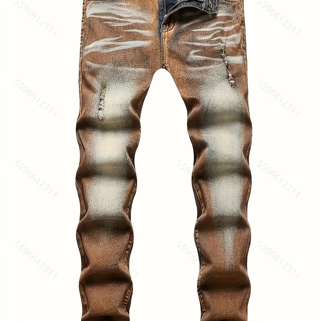 Men's Slim Fit Distressed Stretch Denim Jeans - Vintage Brown Gradient Ripped Design, Comfortable & Stylish for Casual Wear