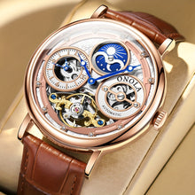 Load image into Gallery viewer, Men&#39;s Automatic Mechanical Watch, Moon Phase Dual Time Zone Display, Hollowed Out Tourbillon Business Watch, Suitable for Daily And Business Activities, Perfect Gift Choice for Fathers, Family, And Elders, Without Battery
